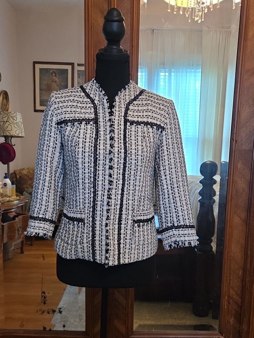 Cropped Black, Tan & White Tweed Fringe-Trim Blazer